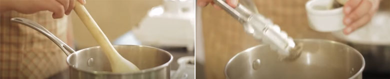 Cách làm trà sữa vải bằng vải tươi khuấy đều hồn hợp và lọc bỏ túi trà