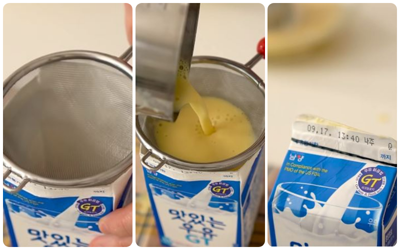 Lọc bỏ cặn bằng rây và đóng kín miệng hộp sữa bằng dây thun hoặc kẹp