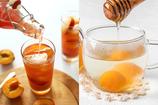 đổ syrup hoặc mật ong vào ly trà đào