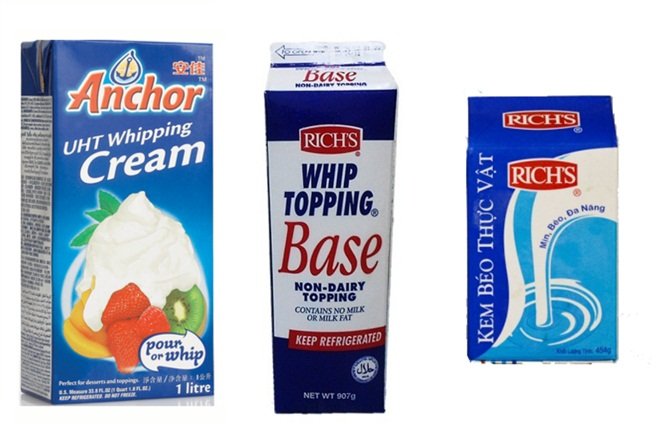 các thành phầm whipping cream, topping cream, kem béo
