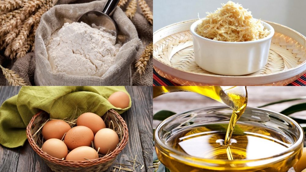 Nguyên liệu đồ ăn bánh bông lan chà bông phô mai oi dầu trứng