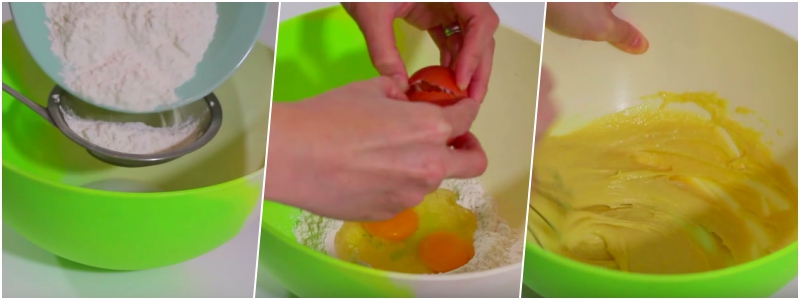 Ray bột vào 1 cái tô lớn, tạo một lỗ ở giữa phần bột sau đó đập 3 quả trứng gà và 50g đường vào lỗ đó rồi dùng dụng cụ đánh trứng trộn đều lên.