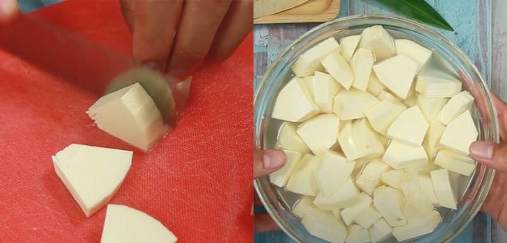 Bước 1 Sơ chế và cắt nhỏ sa kê Cách nấu chè sa kê lá dứa cốt dừa dẻo ngon