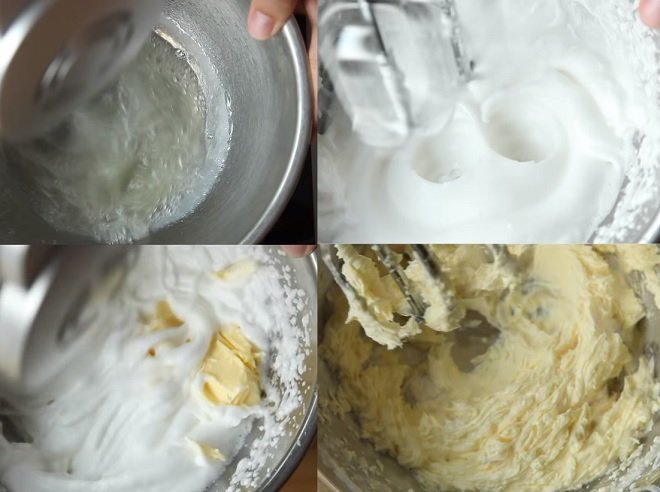 khâu đánh bông hỗn hợp kem lòng trắng trứng với bơ để trộn vào hỗn hợp kem sữa bắp