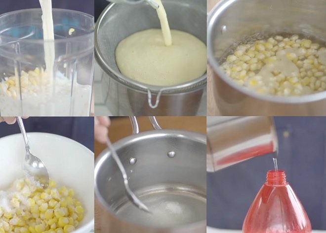 làm hỗn hợp sữa bắp và tách riêng chỗ hạt và nước bắp luộc để dùng cho khâu trang trí