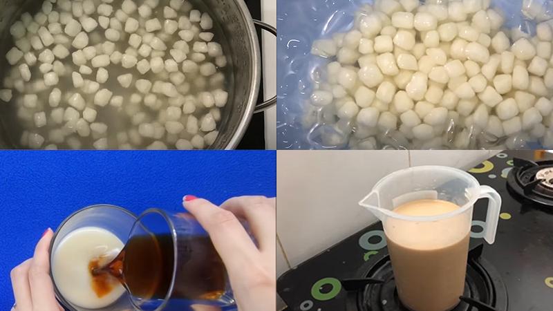 Thạch củ năng ngâm trong nước đá và làm trà sữa