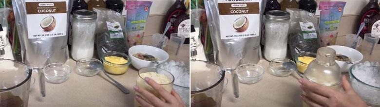 Hướng dẫn làm trà sữa dừa dùng bột dừa lắc đều trong bình shaker