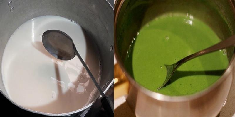 nấu trà sữa matcha với bột trà xanh, sữa tươi, bột béo, đường, sữa đặc