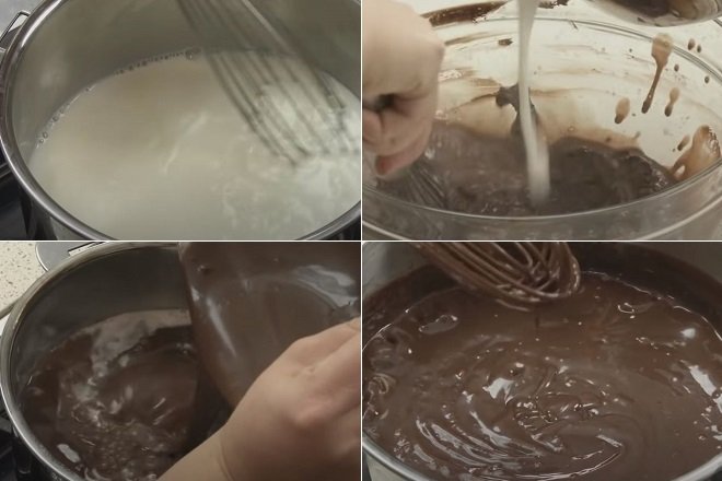 đun sữa tươi tỉnh và trộn với vật liệu thực hiện pudding socola trứng