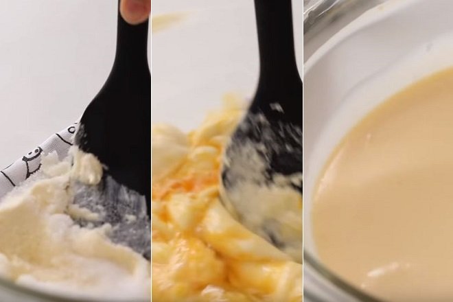trộn kem phô mai với đường và trứng gà