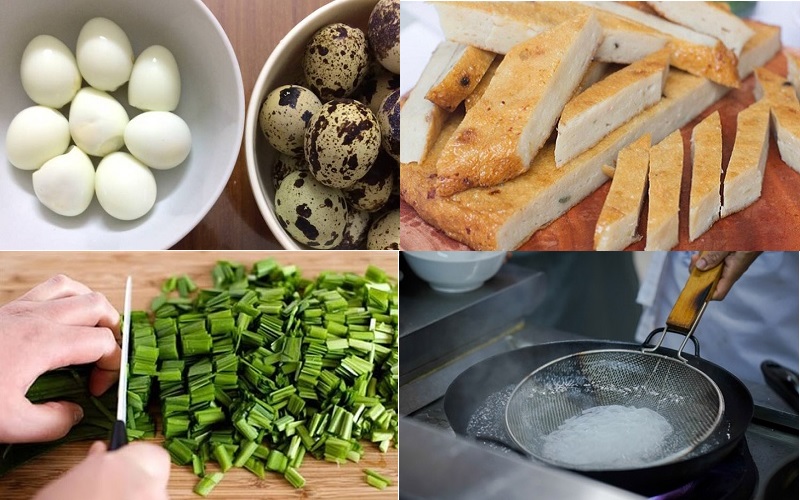 Sơ chế trứng cút, chả cá, bánh canh và hành hẹ