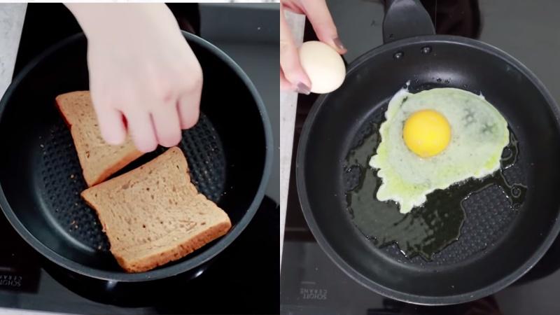 Làm nóng bánh mì và ốp la trứng