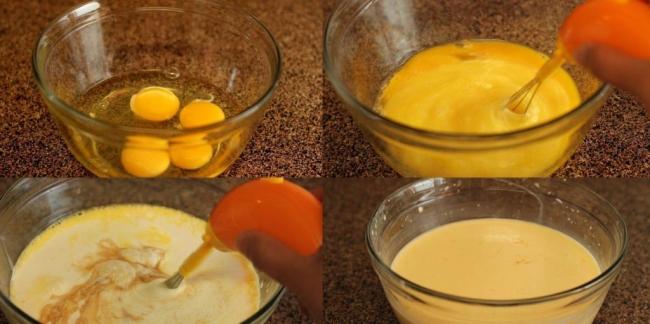 trong quá trình khuấy sữa bạn chỉ nên khuấy trứng và sữa theo 1 chiều để bánh không tạo bọt khí, dễ bị rỗ.