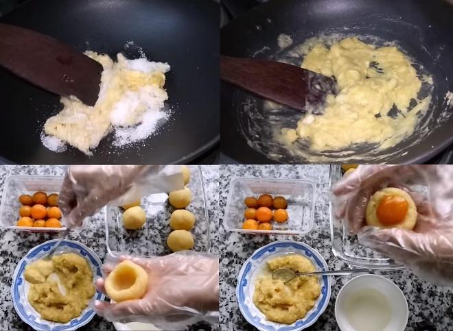 sên sầu riêng với đường rồi cho vào lòng viên đậu xanh cùng trứng muối