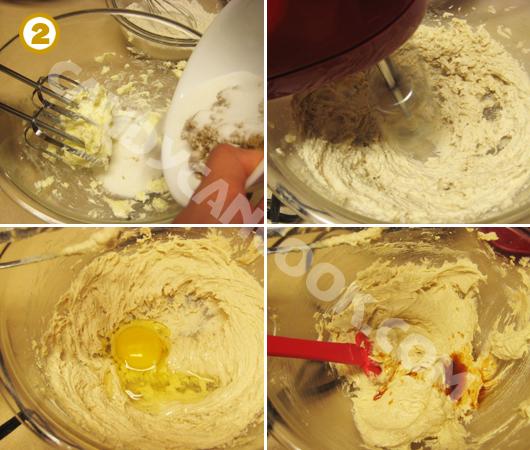 Đánh bơ, đường, trứng và vanilla cho tới khi mịn mượt
